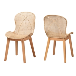 Baxton Studio Sabelle Japandi Natural Brown Mahogany and Rattan 2-Piece Dining Chair Set